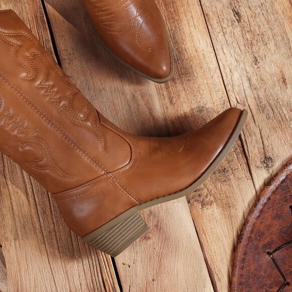 Women's Tan Pointed Toe Pull On Wide Calf Pu Chunky Low Heel Cowgirl Boots - Picture 4 of 7